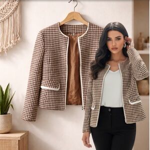 HELENE LONDON brown, tweed, zip mid waist blazer jacket, size medium